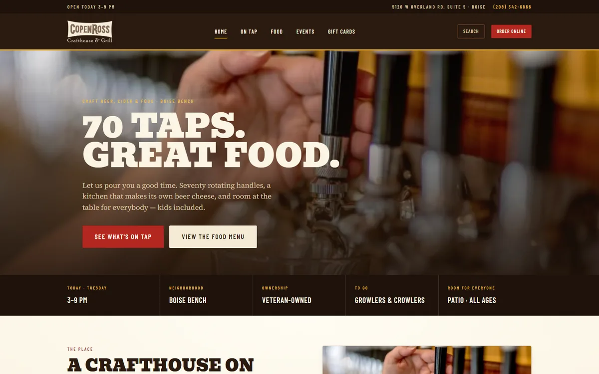 The CopenRoss Crafthouse and Grill home page, opening on the live tap board