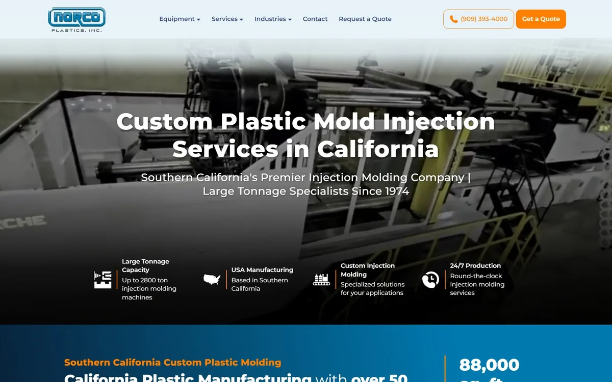 The rebuilt Norco Plastics home page, showing the capability bar and the 88,000 square foot figure in the hero