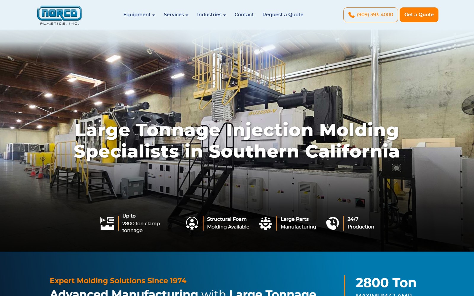 The large tonnage injection molding page, showing the 2,800 ton press on the floor