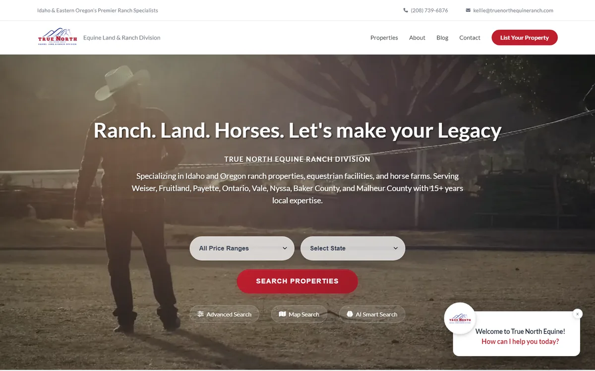 The True North Equine home page, opening on property search