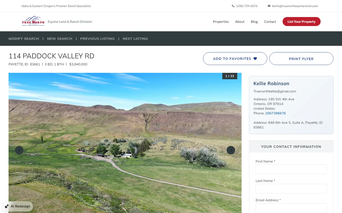 A live MLS property listing with photo gallery, price, acreage, bedrooms, baths, and agent contact