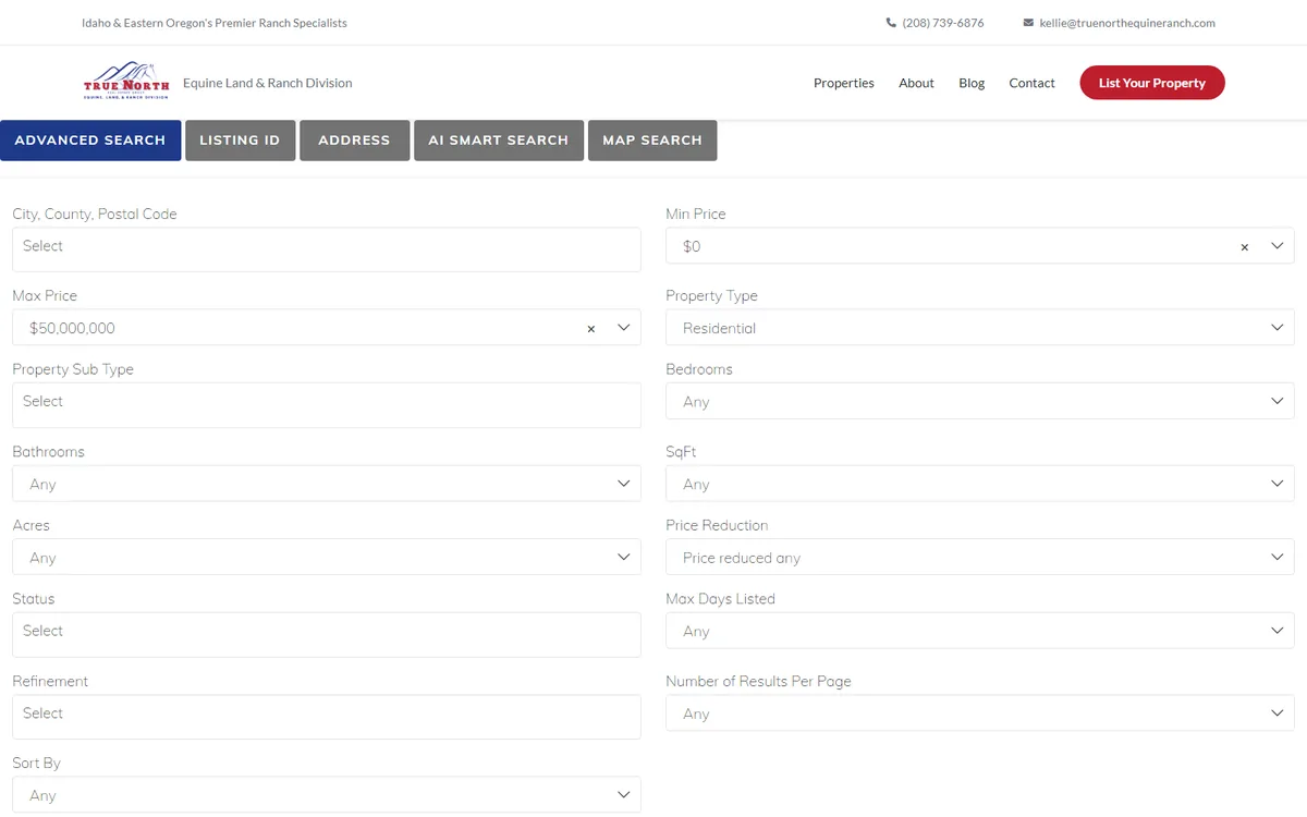 Advanced search with acreage, property type, and price filters, and all five search mode tabs