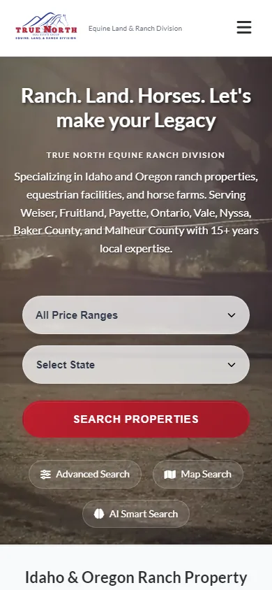 The True North Equine site on a phone, with property search first